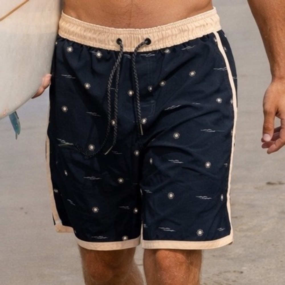 WB3 Jetty Mens Board Shorts Navy Blue Sun Wave Print Swim Trunks Size Medium
